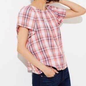 LOFT Flutter Sleeve Gauzy Plaid Blouse